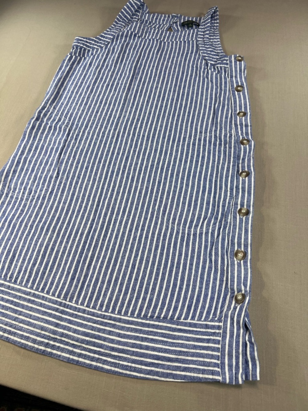 For Cynthia Women’s Blue White Stripe Linen Sleeveless Shift Dress Side Buttons - Picture 11 of 16